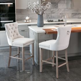 Contemporary Velvet Upholstered Barstools with Button Tufted Decoration and Wooden Legs, and Chrome Nailhead Trim, Leisure Style Bar Chairs,Bar stools