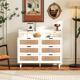 43.31"6-Drawers Rattan Storage Cabinet Rattan Drawer with LED Lights and Power Outlet,for Bedroom,Living Room,White