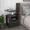 Height Adjustable Overbed End Table Wooden Nightstand with Swivel Top, Drawers, Wheels and Open Shelf, Black