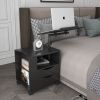 Height Adjustable Overbed End Table Wooden Nightstand with Swivel Top, Drawers, Wheels and Open Shelf, Black