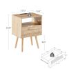 15.75" Rattan End table with Power Outlet & USB Ports , Modern nightstand with drawer and solid wood legs, side table for living room, bedroom