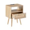 15.75" Rattan End table with Power Outlet & USB Ports , Modern nightstand with drawer and solid wood legs, side table for living room, bedroom