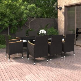 9 Piece Patio Dining Set with Cushions Poly Rattan and Glass (Color: Black)