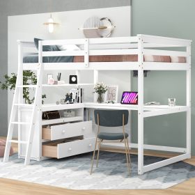 Full Size Loft Bed with Desk and Shelves; Two Built-in Drawers (Color: White)