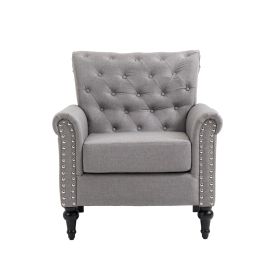 Mid-Century Modern Accent Chair, Linen Armchair w/Tufted Back/Wood Legs, Upholstered Lounge Arm Chair Single Sofa for Living Room Bedroom (Color: Light Gray)