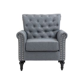 Mid-Century Modern Accent Chair, Linen Armchair w/Tufted Back/Wood Legs, Upholstered Lounge Arm Chair Single Sofa for Living Room Bedroom (Color: Gray)