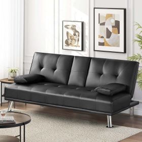 LuxuryGoods Modern Faux Leather Futon with Cupholders and Pillows (Color: Black)