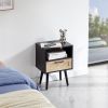 15.75" Rattan End table with Power Outlet & USB Ports , Modern nightstand with drawer and solid wood legs, side table for living roon, bedroom