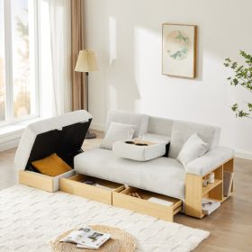 Multi-functional sofa, can sit, lie down, with storage box and drawer, and the storage sofa arm which can be used as tea table (Color: Light Gray, Material: Cotton Linen)