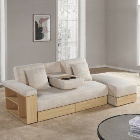 Multi-functional sofa, can sit, lie down, with storage box and drawer, and the storage sofa arm which can be used as tea table (Color: Beige, Material: Cotton Linen)