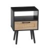 15.75" Rattan End table with Power Outlet & USB Ports , Modern nightstand with drawer and solid wood legs, side table for living roon, bedroom